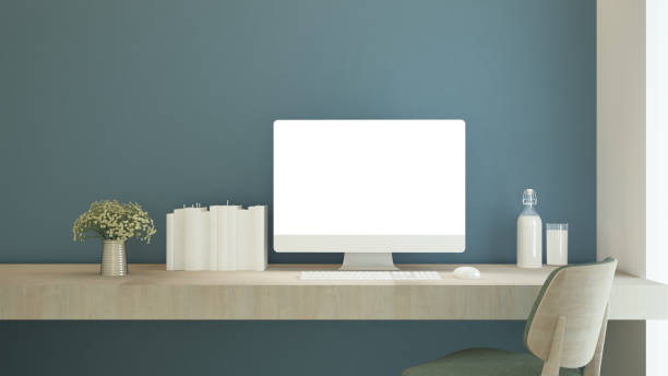 istock workplace on blue wall decoration in home or apartment - Interior design for business  artwork or office space - 3D Rendering 1144803937