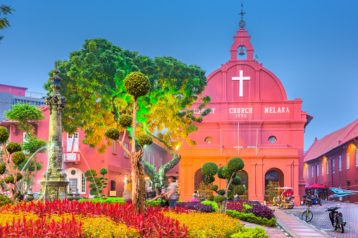 Christ Church Melaka in Malacca, Malaysia at twilight.