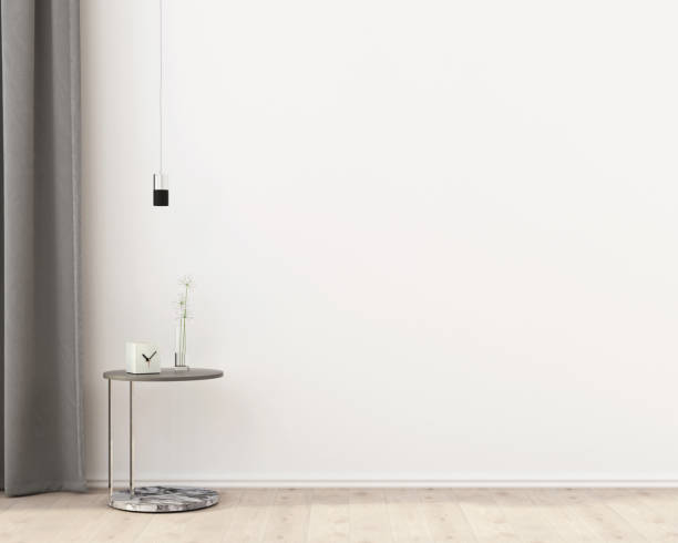istock Gray marble table and chandelier against 1144810130