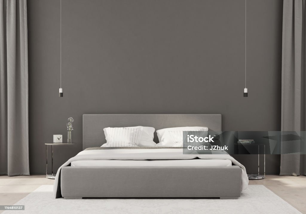 Gray bedroom in a minimalist style Interior of gray bedroom in a minimalist style with curtains on the sides / 3D illustration, 3d render Bedroom Stock Photo