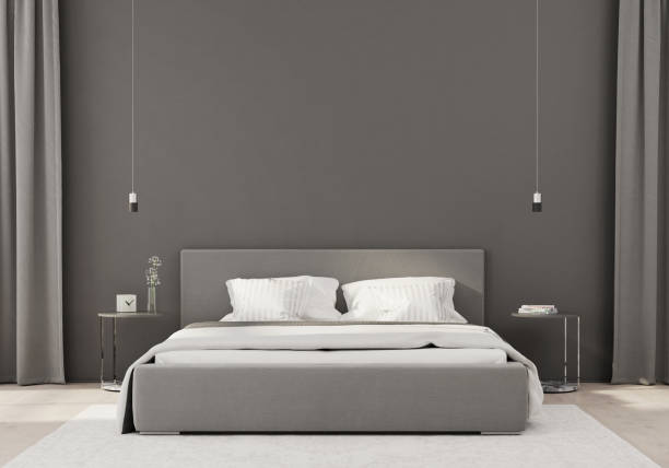 серая спальня в минималистском стиле - furniture contemporary domestic room sparse стоковые фото и изображения