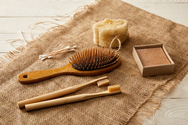 istock different hygiene and care items on sackcloth on white wooden surface, zero waste concept 1144812258