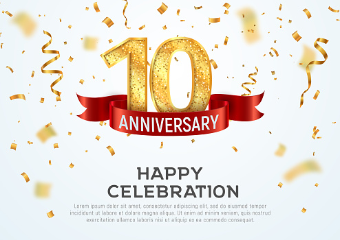 10 years anniversary vector banner template Tenth year jubilee with red ribbon and confetti on white background