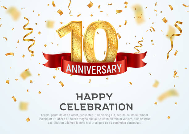 10 years anniversary vector banner template. Tenth year jubilee with red ribbon and confetti on white background. 10 years anniversary vector banner template Tenth year jubilee with red ribbon and confetti on white background 10th anniversary stock illustrations