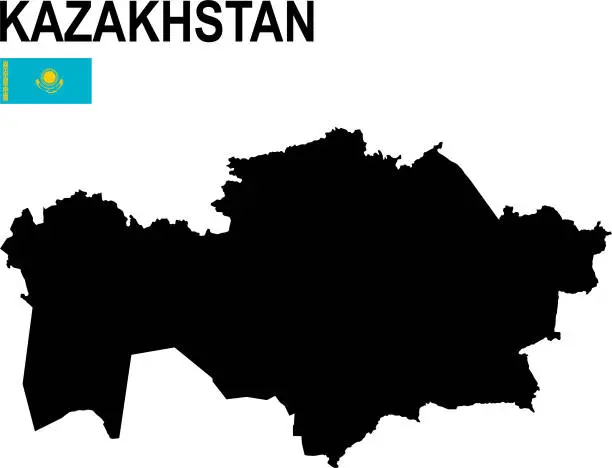 Vector illustration of Black basic map of Kazakhstan with flag against white background