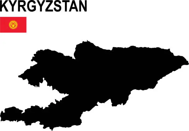 Vector illustration of Black basic map of Kyrgyzstan with flag against white background
