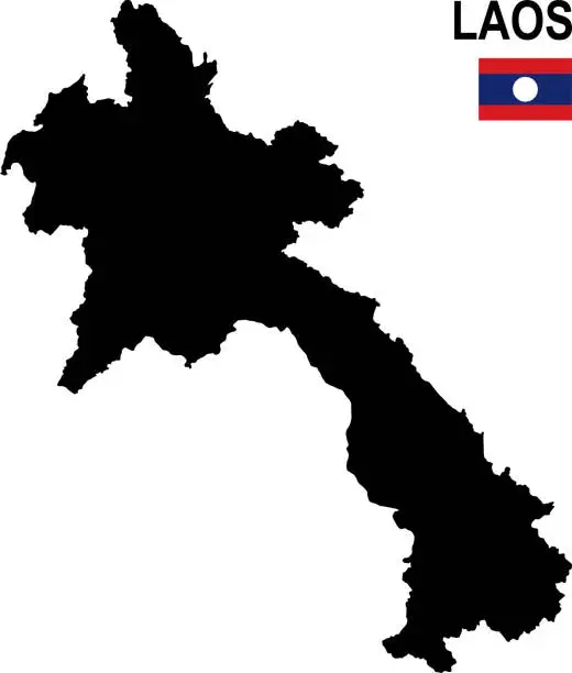 Vector illustration of Black basic map of Laos with flag against white background