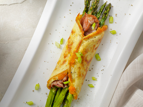 Cheese Omelet Wrap with Roasted Asparagus and Crispy Prosciutto