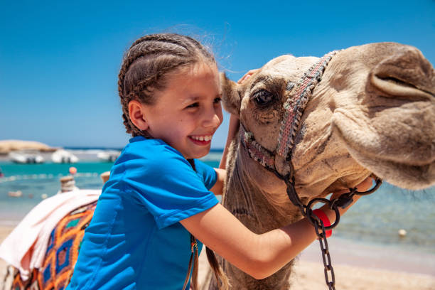 Cheerful Young Girl Hugging a Camel.