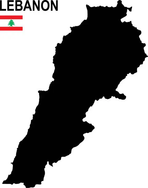 Vector illustration of Black basic map of Lebanon with flag against white background