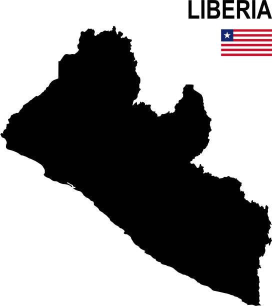 czarna podstawowa mapa liberii z flagą na białym tle - liberia stock illustrations