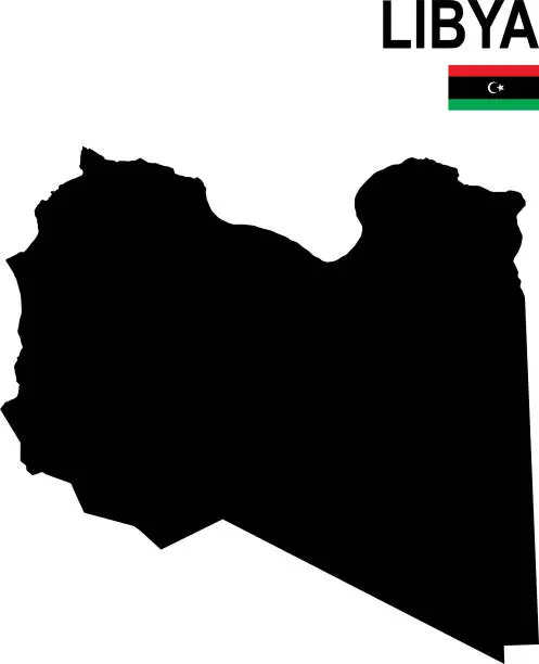 Vector illustration of Black basic map of Libya with flag against white background