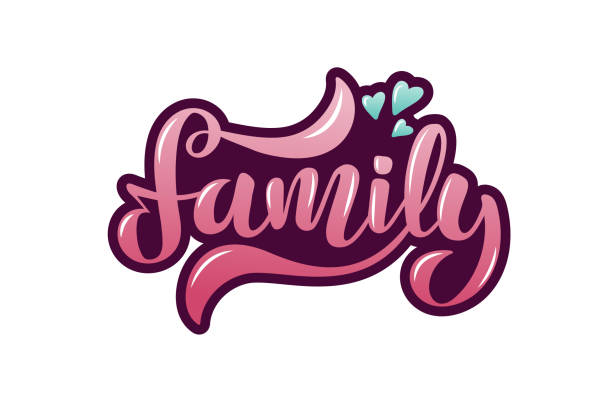 Vector illustration with handwritten phrase Family and hearts. Vector illustration with handwritten phrase Family and hearts. Lettering. Pink text with blue hearts on a purple background family word stock illustrations
