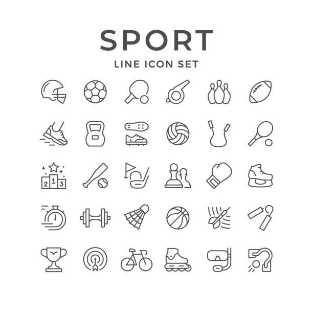 ilustraciones, imágenes clip art, dibujos animados e iconos de stock de establecer iconos de línea de deporte - tennis tennis racket racket tennis ball