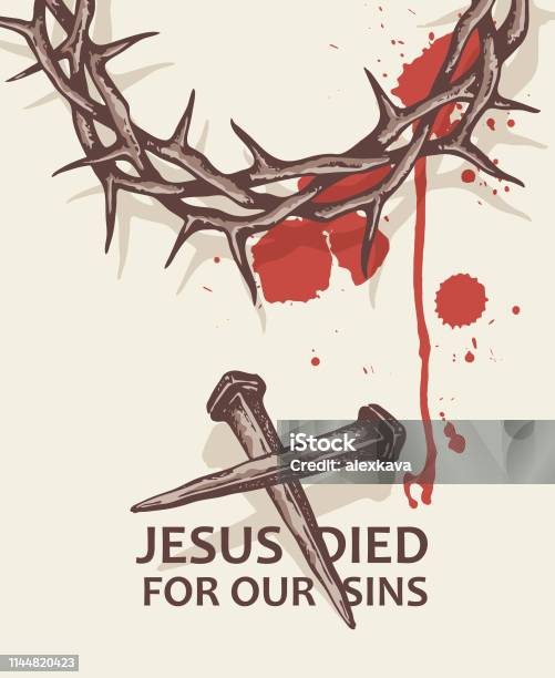 Gesù Chiodi Con Corona Di Spine - Immagini vettoriali stock e altre immagini di Gesù Cristo - Gesù Cristo, Chiodo - Attrezzi da lavoro, Corona reale