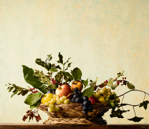 Fruit basket on wooden top and light bottom