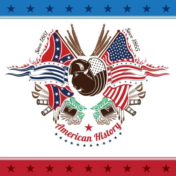 Vector illustration of American civil war military background color coat of arms with bison head flags and weapons