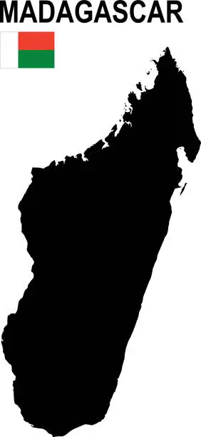 Vector illustration of Black basic map of Madagascar with flag against white background