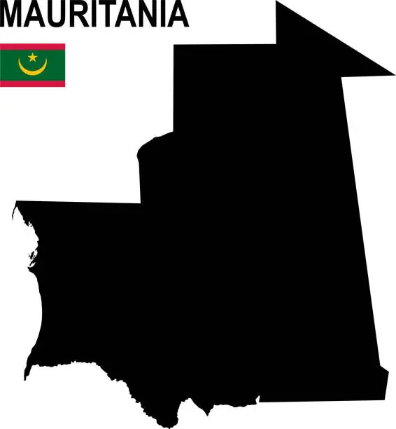 Vector illustration of Black basic map of Mauritania with flag against white background