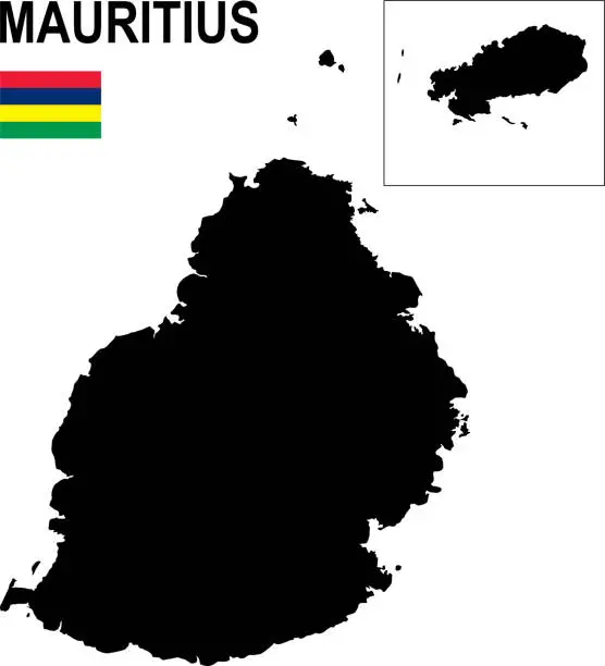 Vector illustration of Black basic map of Mauritius with flag against white background