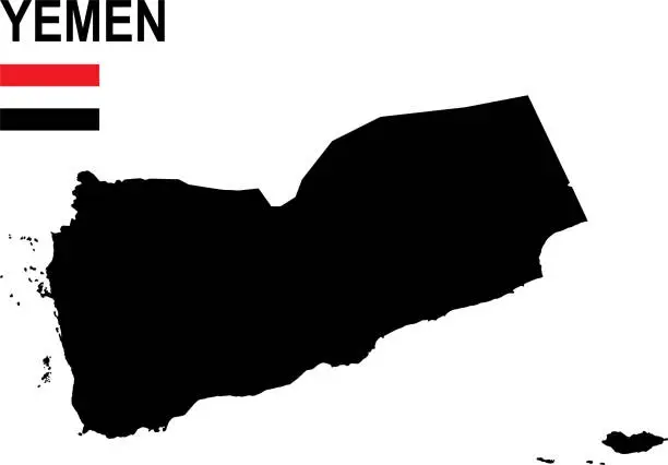 Vector illustration of Black basic map of Yemen with flag against white background
