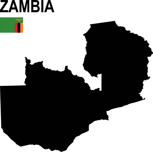 Vector illustration of Black basic map of Zambia with flag against white background