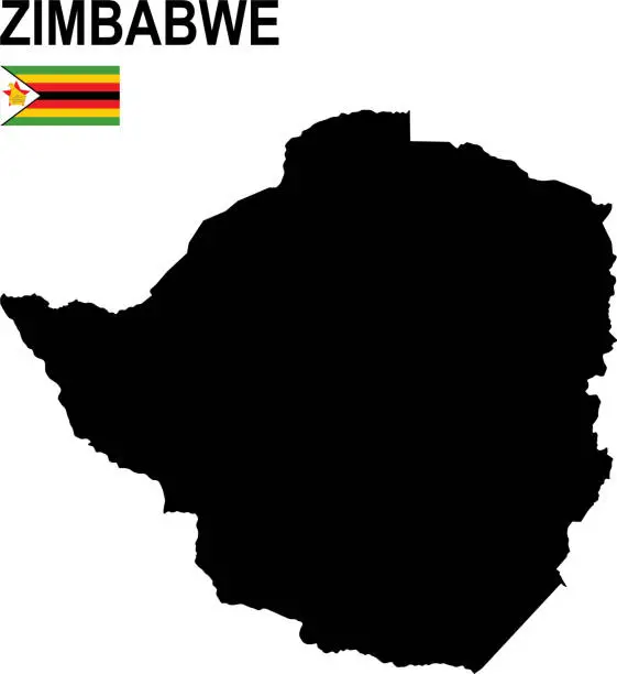 Vector illustration of Black basic map of Zimbabwe with flag against white background