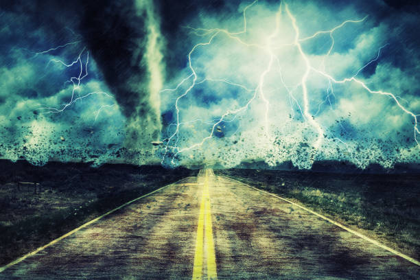 istock Powerful Tornado On Road In Stormy Landscape 1144829645