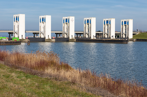 Discharge sluices in Houtribdijk between IJsselmeer and markermeer near Lelystad, The Netherlands