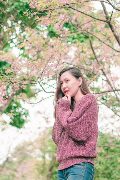 istock Women standing under the trees that bloom pink, 1144832568