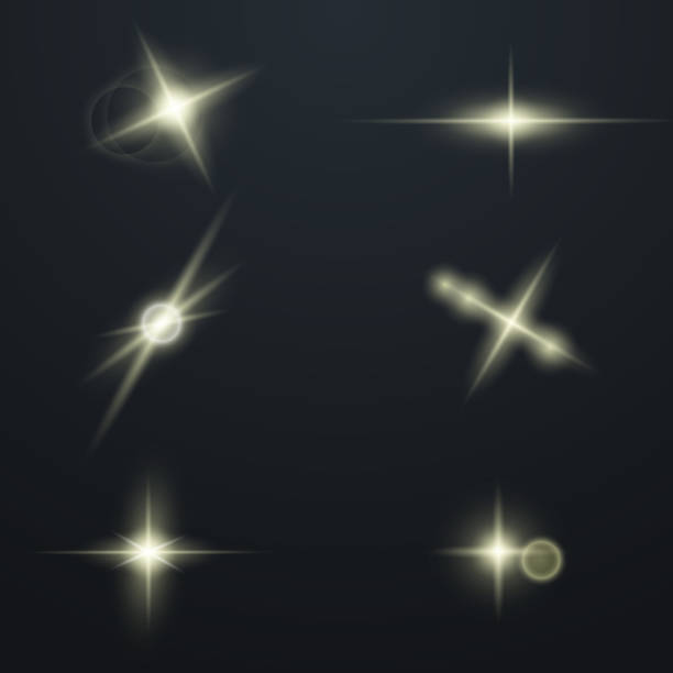 Set of Glowing Light Stars Set of Glowing Light Stars with Sparkles. Light effect. Vector Illustration. lens optical instrument illustrations stock illustrations