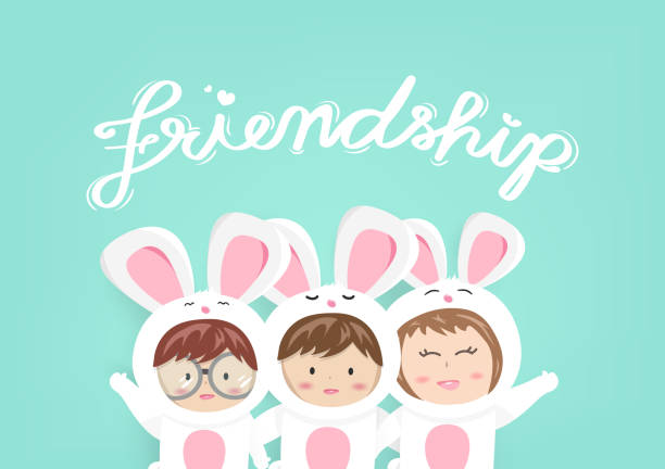 ilustraciones, imágenes clip art, dibujos animados e iconos de stock de amistad, tarjeta de felicitación, mascota adorable niño conejito, dibujos animados lindos utilizando para los niños celebran invitación cartel de fondo vectorial - easter rabbit baby rabbit mascot