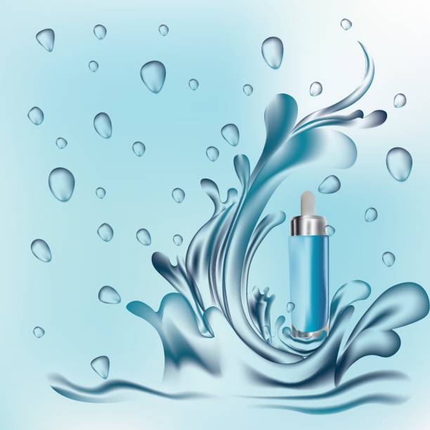 istock Realistic cosmetic serum with water splash. Splashing water. Blue background. Vector illustration. 1144835831