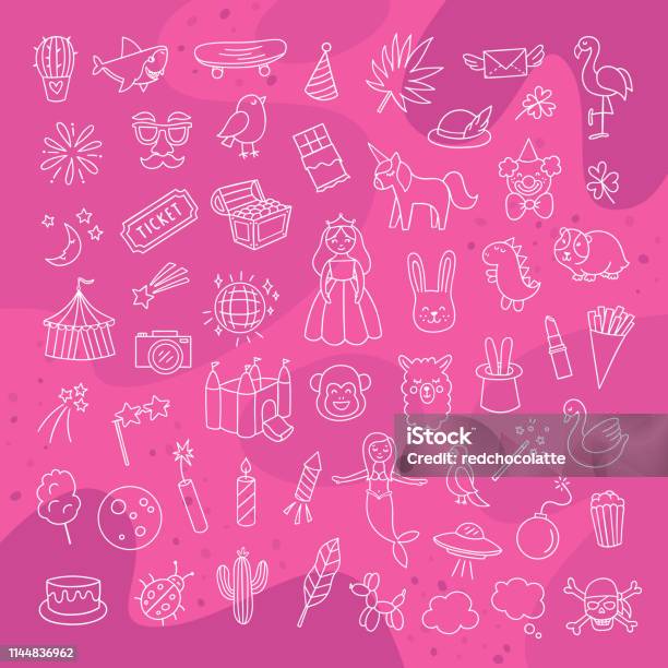 Hand Drawn Childrens Icons And Elements Vector Toys Cute Illustrations And Party Design Doodles For Kids Stock Illustration - Download Image Now