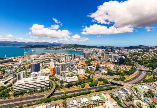 A high angle view of New Zealand's capital city, Wellington, located at the south of the country's North Island.