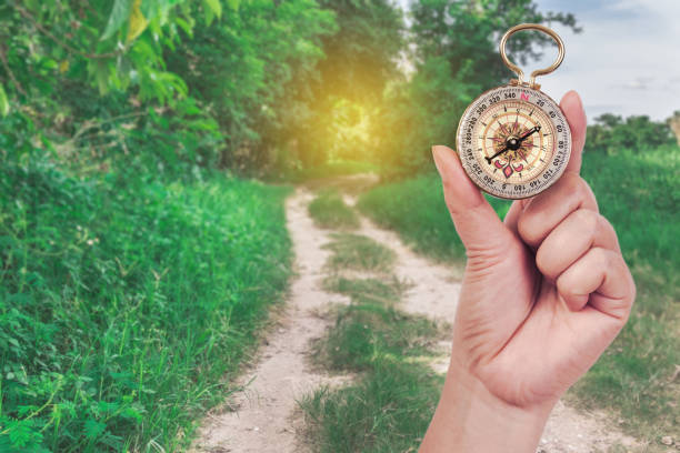 istock Compass in hand with nature background ,traveler concept. 1144837106