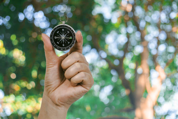 istock Compass in hand with nature background ,traveler concept. 1144837120