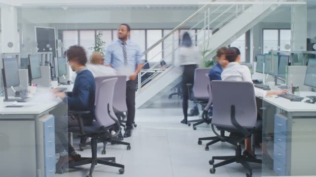 Timelapse of Diverse Multinational Team of Business Managers and Specialists Working on Desktop Computers, Have Discussion with Colleagues. Young and Motivated Business People in Modern Open Office.