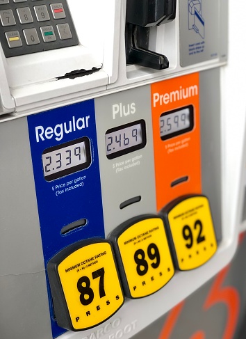 Close view of various octane levels and prices per gallon at a gas station pump