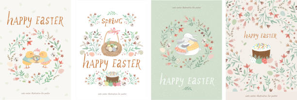 Happy easter! Set of cute vector illustrations for a poster, card, invitation or banner. Congratulations on the holiday. Happy easter! Set of cute vector illustrations for a poster, card, invitation or banner. Congratulations on the holiday. easter drawings stock illustrations
