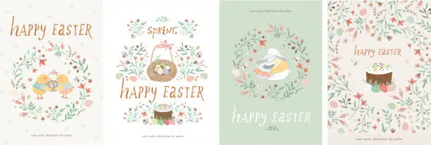 Vector illustration of Happy easter! Set of cute vector illustrations for a poster, card, invitation or banner. Congratulations on the holiday.