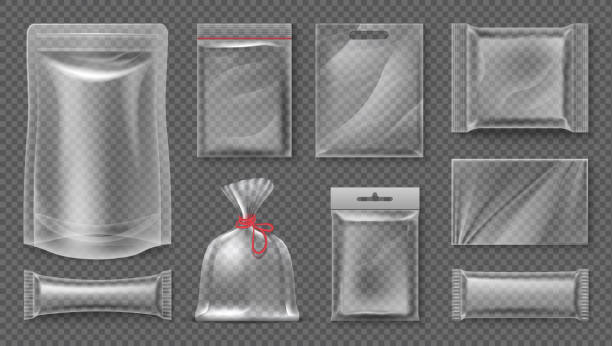 kunststoffpaket. transparenter realistischer beutel mockup, leeres 3d-lebensmittelpaket, leere plastikfolie-schablone. vector snack-set - plastiktüte stock-grafiken, -clipart, -cartoons und -symbole