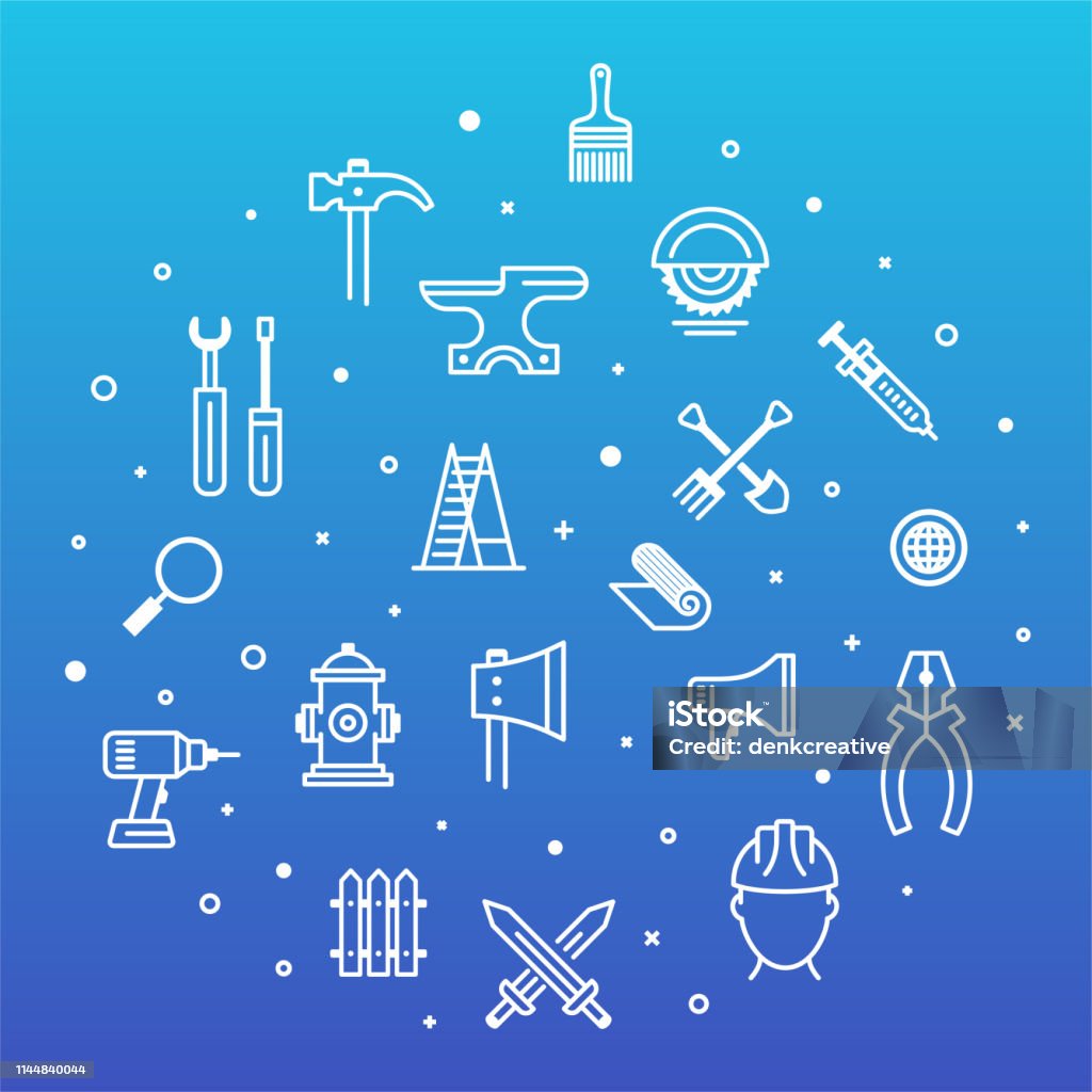 Performing Manual Work & Heavy Industries Outline Style Outline Infographic Design Performing manual work and heavy industries outline style symbols on modern gradient background. Thin line vector icons for infographics, mobile and web designs. Anvil stock vector