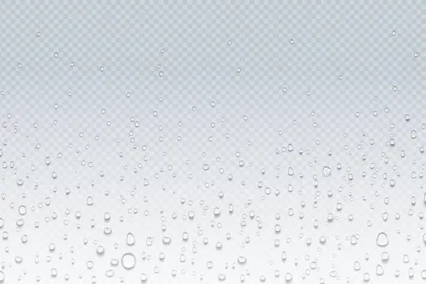 Vector illustration of Water drops on glass. Rain droplets on transparent window, steam condensation pattern, shower glass. Vector water drops background