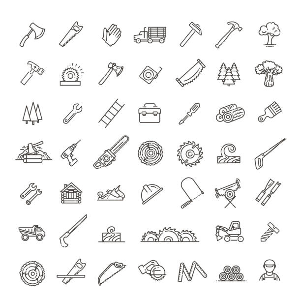 protokollierung, sägewerk linie icons. instrumente für die arbeit mit holz - lumberjack lumber industry forester axe stock-grafiken, -clipart, -cartoons und -symbole