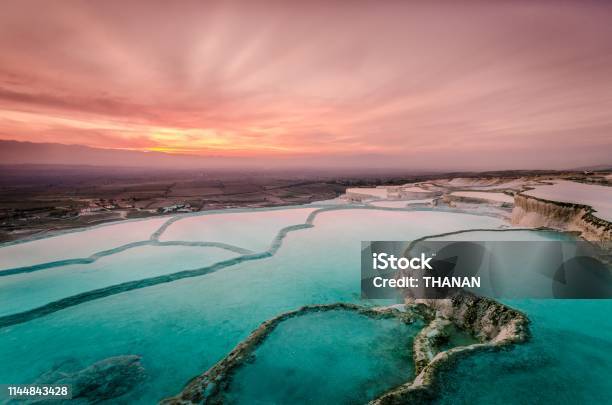 Carbonate Travertines The Natural Pools During Sunset Pamukkale Stock Photo - Download Image Now