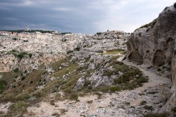 view of the old town of matera, also called sassi di matera, from the murgia national park.