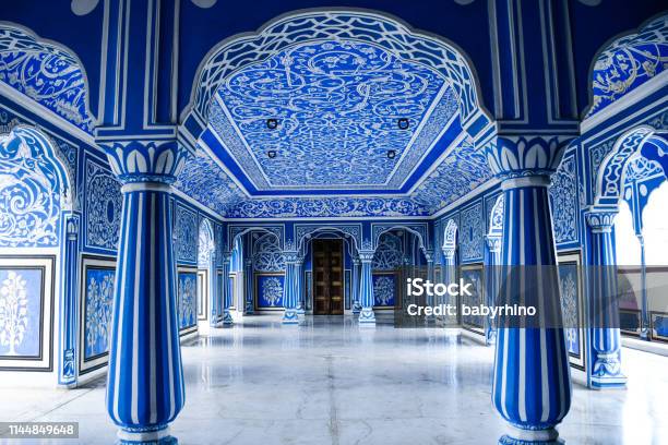 Jaipur Rajasthan India September 11 2018 Inside Jaipur City Palace Beautiful Blue Ornament Painting In Hall Room Stock Photo - Download Image Now