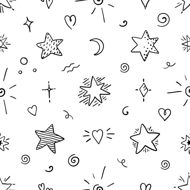 ilustrações, clipart, desenhos animados e ícones de teste padrão sem emenda da estrela do doodle. elementos mágicos do esboço do partido, símbolos gráficos ornamentais decorativos. poster abstrato do vetor - star pattern