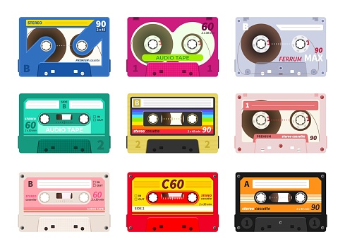 Vintage music cassettes. Retro dj sound tape, 1980s rave party stereo mix, old school record technology. Vector old 90s coloured plastic cassettes set